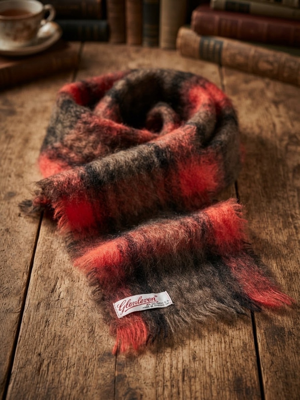 VTG Glenleven Scotland All Mohair Pile Plaid Scarf Red Brown 8x44 Fringed